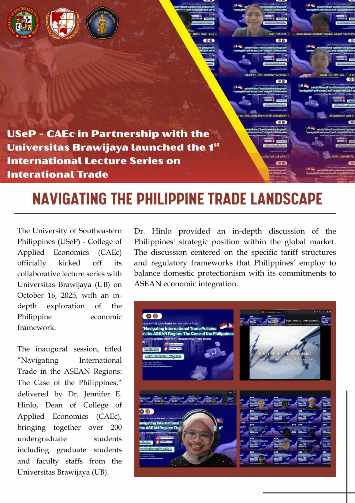 USeP – CAEc in Partnership with the Universitas Brawijaya launched the 1st International Lecture Series on International Trade