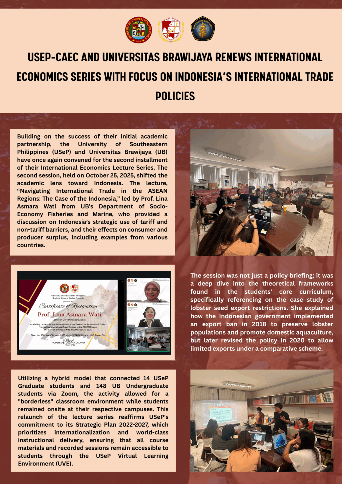 USeP-CAEc and Universitas Brawijaya Renews International Economics Series with Focus on Indonesia’s International Trade policies