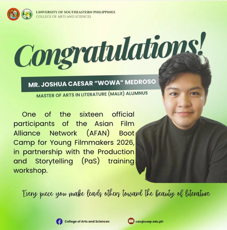 Warmest congratulations to 𝙈𝙧. 𝙅𝙤𝙨𝙝𝙪𝙖 𝘾𝙚𝙖𝙨𝙖𝙧 𝙈𝙚𝙙𝙧𝙤𝙨𝙤 or being selected as one of only sixteen official participants in the 𝗔𝘀𝗶𝗮𝗻 𝗙𝗶𝗹𝗺 𝗔𝗹𝗹𝗶𝗮𝗻𝗰𝗲 𝗡𝗲𝘁𝘄𝗼𝗿𝗸 (𝗔𝗙𝗔𝗡) 𝗕𝗼𝗼𝘁 𝗖𝗮𝗺𝗽 𝗳𝗼𝗿 𝗬𝗼𝘂𝗻𝗴 𝗙𝗶𝗹𝗺𝗺𝗮𝗸𝗲𝗿𝘀 𝟮𝟬𝟮𝟲