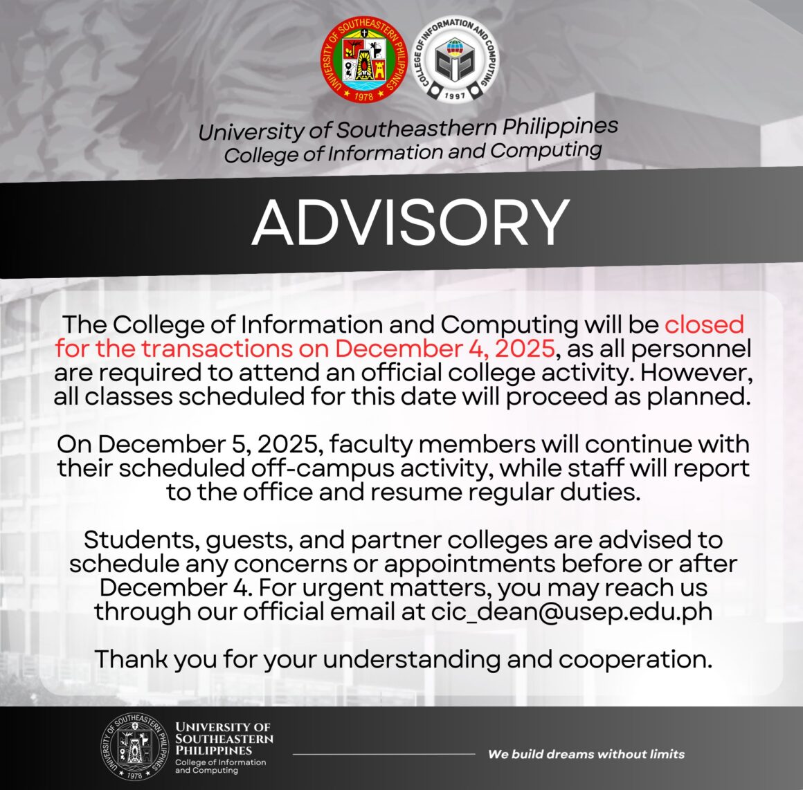 [ 𝐀𝐝𝐯𝐢𝐬𝐨𝐫𝐲 ] Closed for the office transactions on December 4, 2025