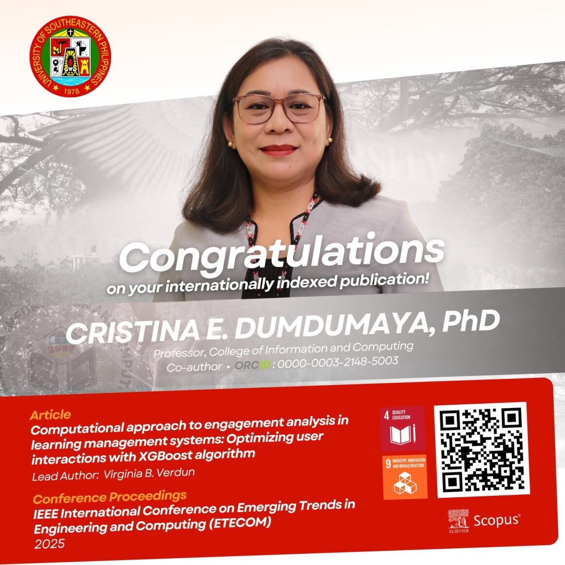 𝘾𝙊𝙉𝙂𝙍𝘼𝙏𝙐𝙇𝘼𝙏𝙄𝙊𝙉𝙎 | Congratulations to Dr. Cristina E. Dumdumaya of the College of Information and Computing (CIC)