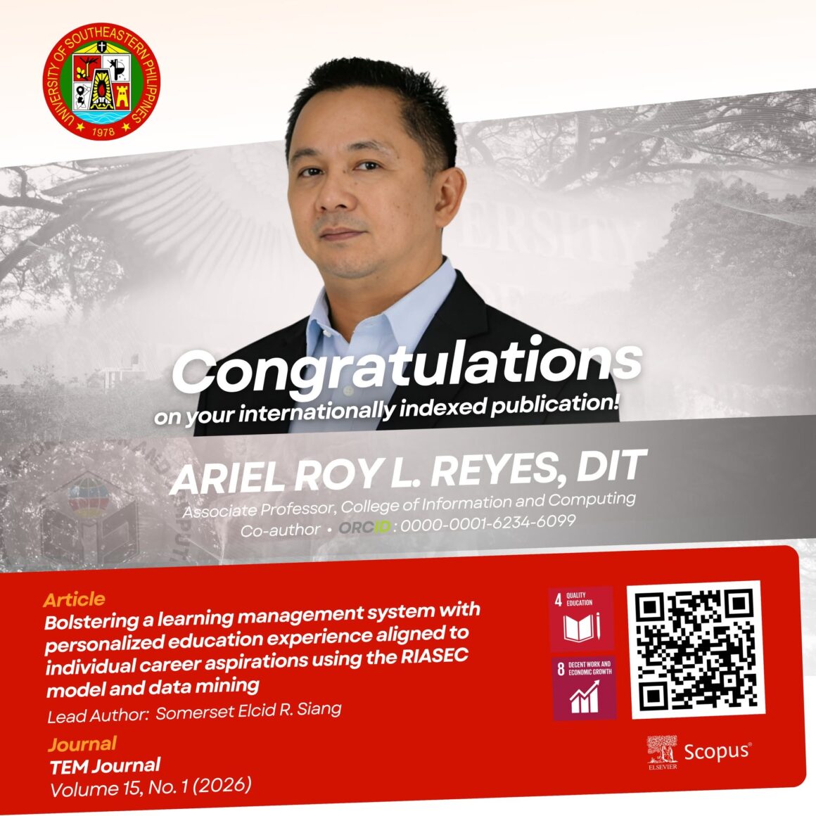 731173450_1367430232149437_7470374840286167314_n Congratulations to Mr. Somerset Elcid R. Siang, graduate student, and Dr. Ariel Roy L. Reyes, faculty, of the College of Information and Computing (CIC)