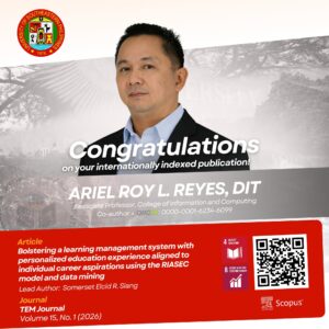 731173450_1367430232149437_7470374840286167314_n Congratulations to Mr. Somerset Elcid R. Siang, graduate student, and Dr. Ariel Roy L. Reyes, faculty, of the College of Information and Computing (CIC)