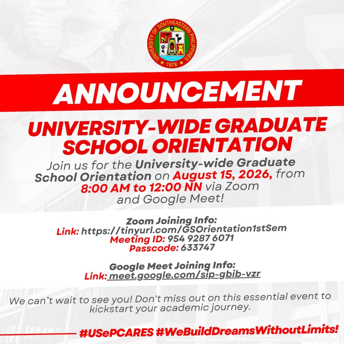 [ANNOUNCEMENT] Attention All Graduate Students! Join us for the University-Wide Graduate School Orientation on August 15, 2026, from 8:00 AM to 12:00 NN via Zoom and Google Meet!