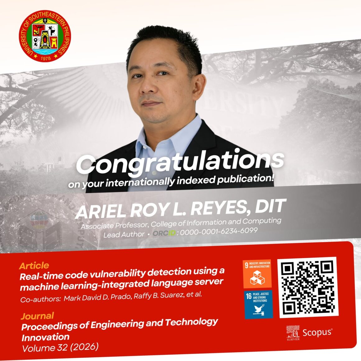 𝘾𝙊𝙉𝙂𝙍𝘼𝙏𝙐𝙇𝘼𝙏𝙄𝙊𝙉𝙎 | Congratulations to Dr. Ariel Roy L. Reyes, faculty, and Mr. Mark David D. Prado, Mr. Raffy B. Suarez, and Rovenado Nesta A. Villotes, students, of the College of Information and Computing (CIC)