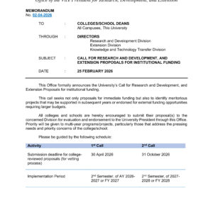 𝐎𝐕𝐏𝐑𝐃𝐄 𝐌𝐞𝐦𝐨 No. 0204-2026: Call for Research and Development, and Extension Proposals for Institutional Funding