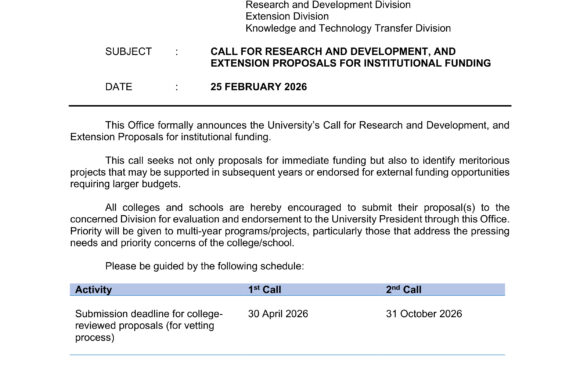 OVPRDE Memo No. 0204-2026 Call for Research and Development, and Extension Proposals for Institutional Funding-1 ππππππ πππ¦π¨ No. 0204-2026: Call for Research and Development, and Extension Proposals for Institutional Funding
