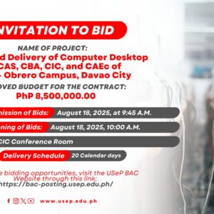 [𝗜𝗡𝗩𝗜𝗧𝗔𝗧𝗜𝗢𝗡 𝗧𝗢 𝗕𝗜𝗗] Supply and Delivery of Computer Desktop for CAS, CBA, CIC, and CAEc of USeP – Obrero Campus, Davao City 