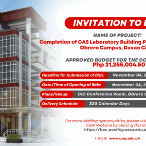 [𝗜𝗡𝗩𝗜𝗧𝗔𝗧𝗜𝗢𝗡 𝗧𝗢 𝗕𝗜𝗗] Completion of CAS Laboratory Building Phase 3 of 3, USeP – Obrero Campus, Davao City