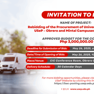 [𝗜𝗡𝗩𝗜𝗧𝗔𝗧𝗜𝗢𝗡 𝗧𝗢 𝗕𝗜𝗗] Rebidding of the Procurement of University Vehicles for USeP – Obrero and Mintal Campuses, Davao City