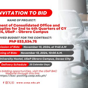 [𝗜𝗡𝗩𝗜𝗧𝗔𝗧𝗜𝗢𝗡 𝗧𝗢 𝗕𝗜𝗗] rocurement of Consolidated Office and Janitorial Supplies for 2nd to 4th Quarters of CY 2024, USeP – Obrero Campus