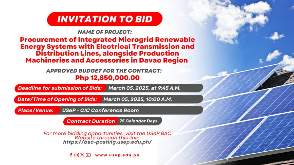 [𝗜𝗡𝗩𝗜𝗧𝗔𝗧𝗜𝗢𝗡 𝗧𝗢 𝗕𝗜𝗗] Procurement Integrated Microgrid Renewable Energy Systems with Electrical Transmission and Distribution Lines, alongside Production Machineries and Accessories in Davao Region