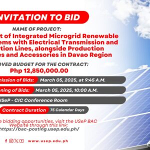[𝗜𝗡𝗩𝗜𝗧𝗔𝗧𝗜𝗢𝗡 𝗧𝗢 𝗕𝗜𝗗] Procurement Integrated Microgrid Renewable Energy Systems with Electrical Transmission and Distribution Lines, alongside Production Machineries and Accessories in Davao Region