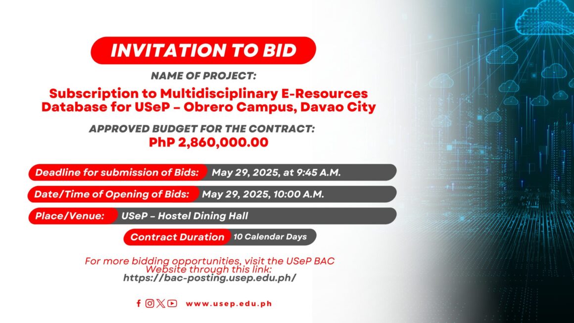 [𝗜𝗡𝗩𝗜𝗧𝗔𝗧𝗜𝗢𝗡 𝗧𝗢 𝗕𝗜𝗗] Subscription to Multidisciplinary E-Resources Database for USeP – Obrero Campus, Davao City