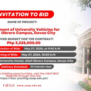 [𝗜𝗡𝗩𝗜𝗧𝗔𝗧𝗜𝗢𝗡 𝗧𝗢 𝗕𝗜𝗗] Procurement of University Vehicles for USeP – Obrero Campus, Davao City