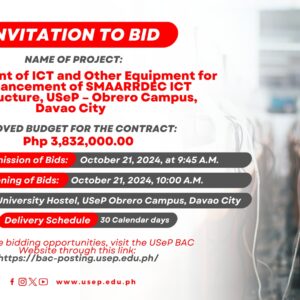 [𝗜𝗡𝗩𝗜𝗧𝗔𝗧𝗜𝗢𝗡 𝗧𝗢 𝗕𝗜𝗗] Procurement of ICT and Other Equipment for the Enhancement of SMAARRDEC ICT Infrastructure, USeP – Obrero Campus, Davao City